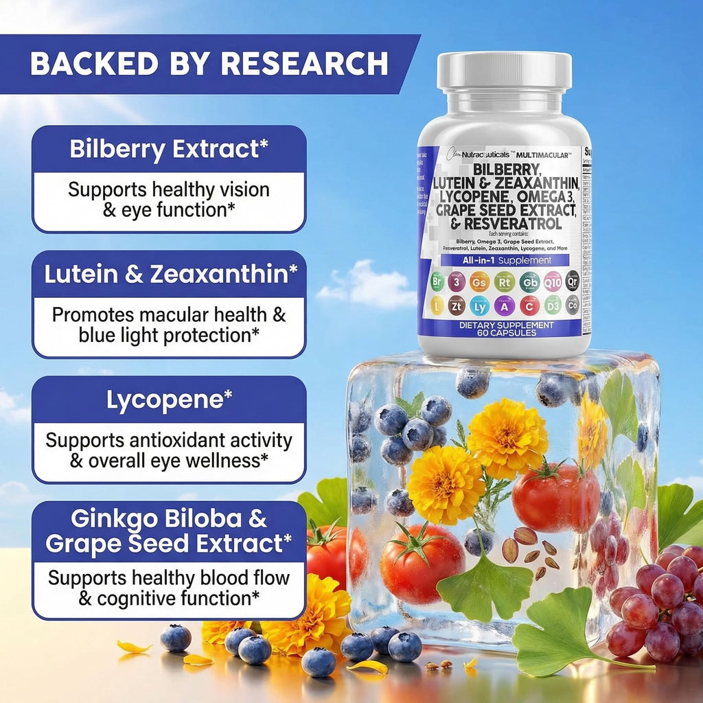 Clean Nutra Eye Vitamins with Bilberry Lutein and Zeaxanthin Supplements Lycopene 40mg Resveratrol Grape Seed Astaxanthin for Eyes - Eye Care Health Support Eye Vitamin and Mineral Supplement