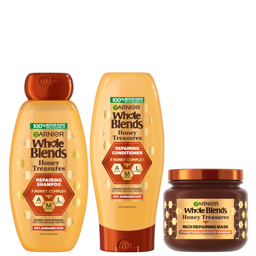 Garnier Whole Blends Honey Treasures Repairing Shampoo and Conditioner Set for Dry, Damaged Hair, 22 Fl Oz (2 Items), 1 Kit (Packaging May Vary)
