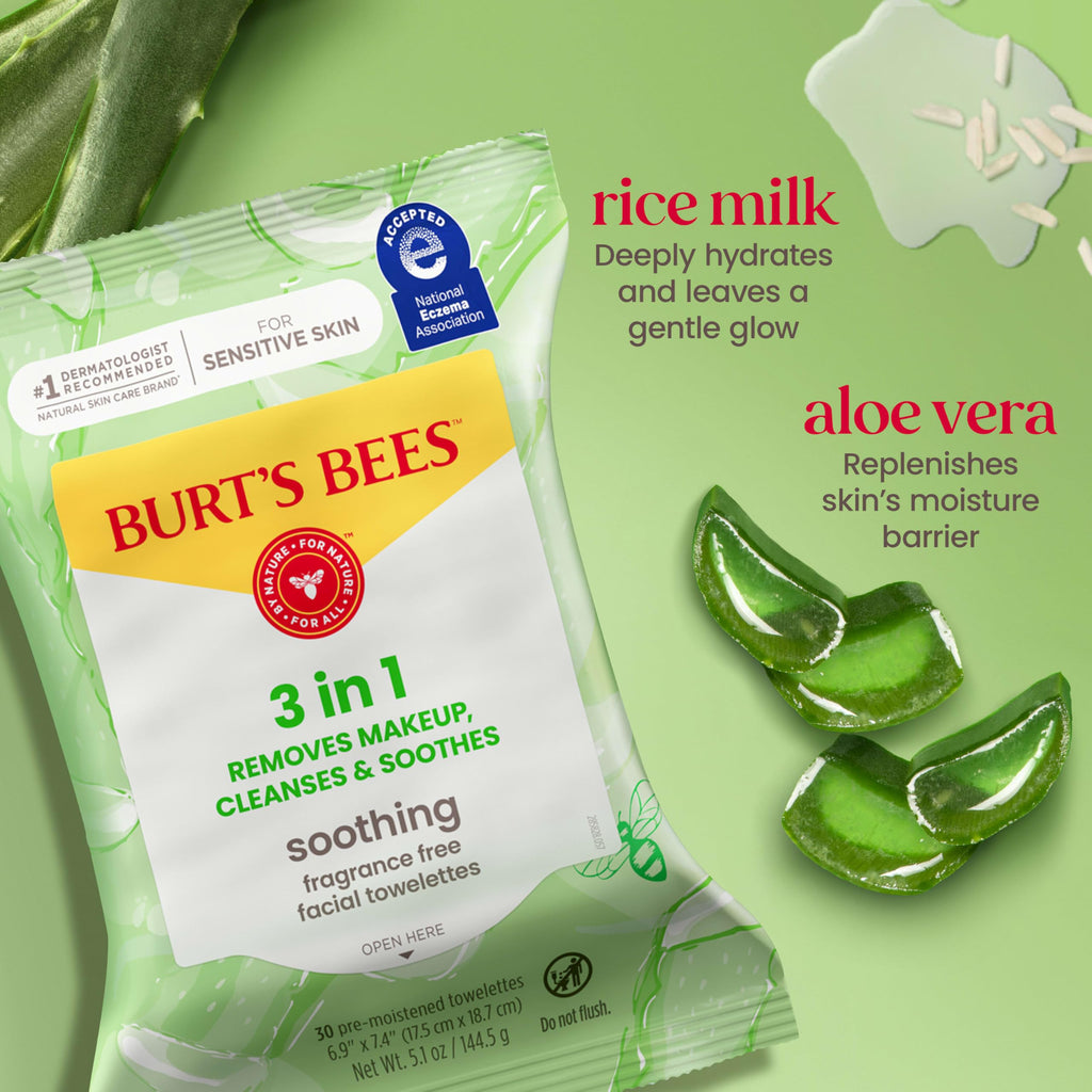 Burt's Bees Soothing Fragrance Free Facial Towelettes, 30 ct., | Plant Based Cloths, 99 Percent Natural Origin, Removes Make Up, Perfect for Sensitive Skin, All Skin Types