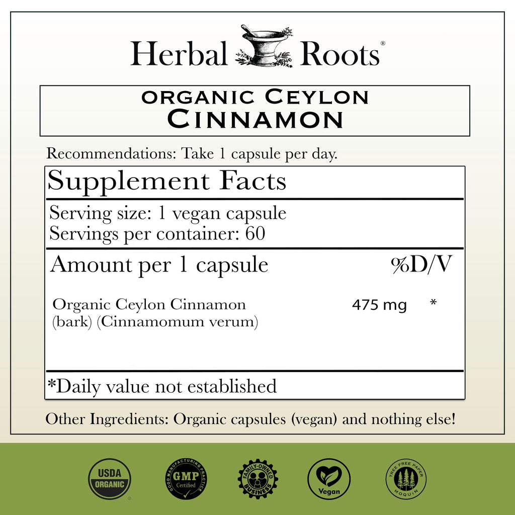 Herbal Roots Organic Ceylon Cinnamon Capsules, USDA Certified Organic, Circulatory Support, 60 Vegan Capsules