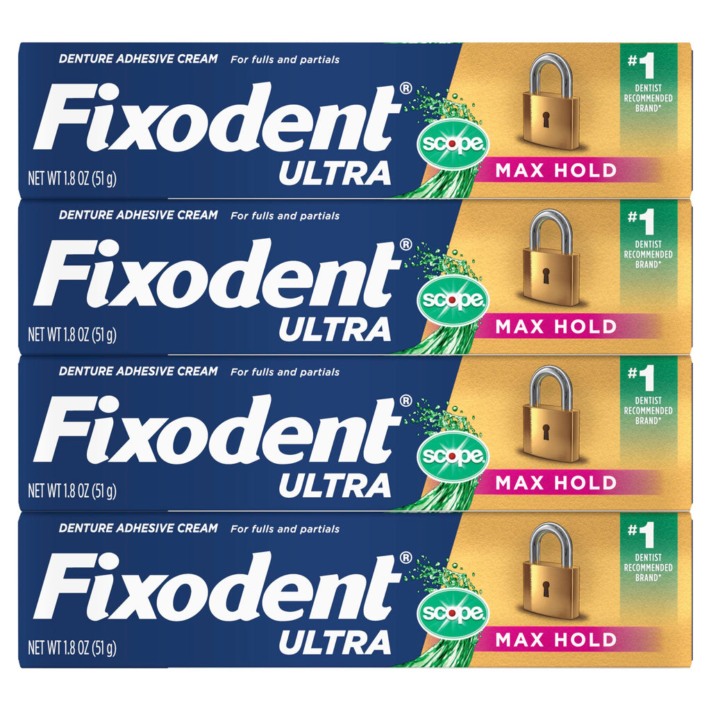 Ultra Max Hold Plus Scope Secure Denture Adhesive for Full and Partial Denture Wearers, Blue, 1.8oz 4 Pack