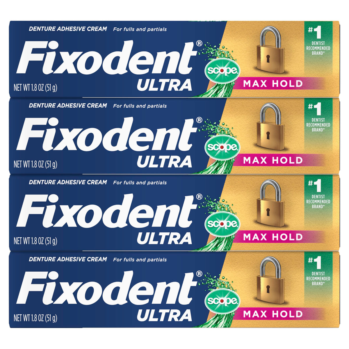 Ultra Max Hold Plus Scope Secure Denture Adhesive for Full and Partial Denture Wearers, Blue, 1.8oz 4 Pack