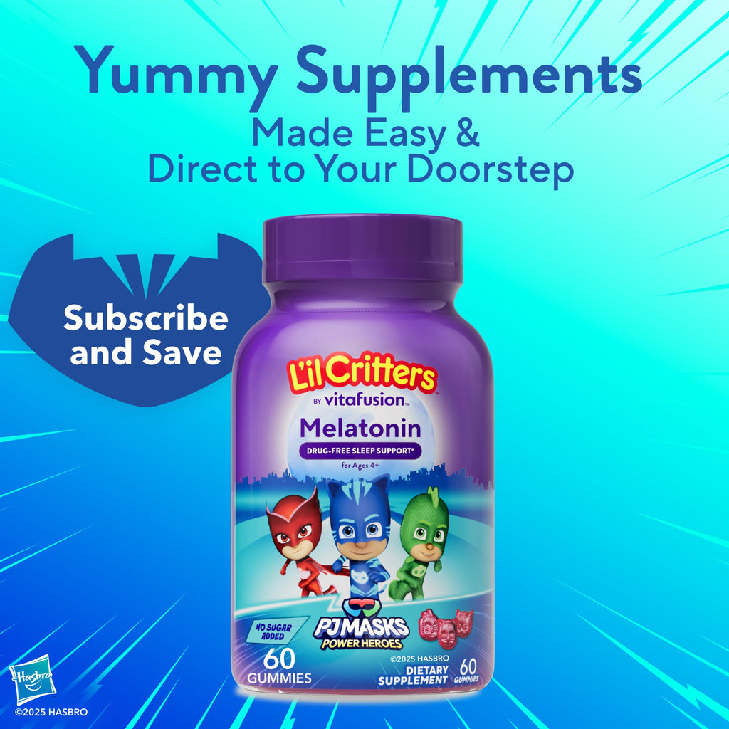 Lil Critters PJ Masks Power Heroes Kids Melatonin Gummy | 1mg | 60 Gummies | Drug-Free and No Sugar Added | For Ages 4+ | Berry Flavor | Gluten and Dairy-Free Children's Supplement