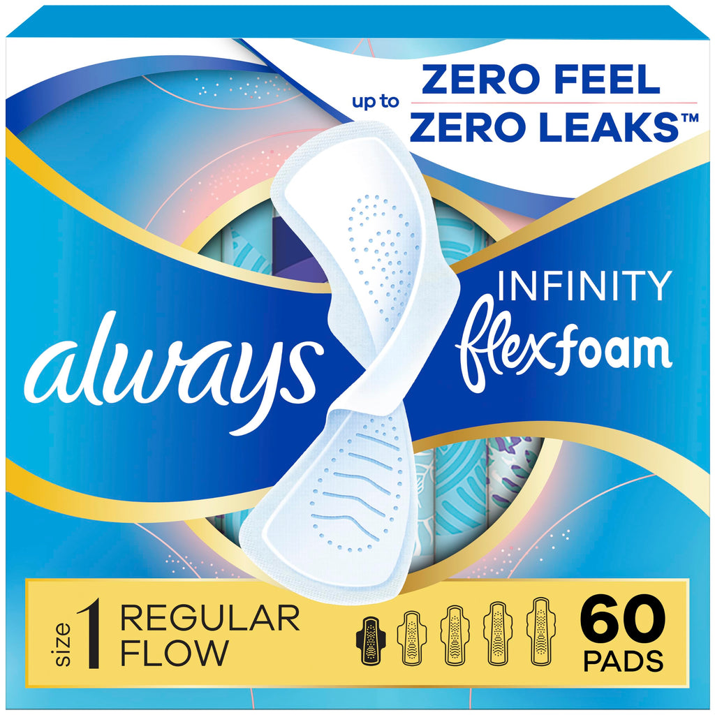 Always Infinity FlexFoam Pads for Women, Size 1, Regular Pad with Wings, Unscented, Up to Zero Feel, Zero Leaks, 60 Count