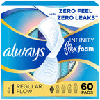Always Infinity FlexFoam Pads for Women, Size 1, Regular Pad with Wings, Unscented, Up to Zero Feel, Zero Leaks, 60 Count