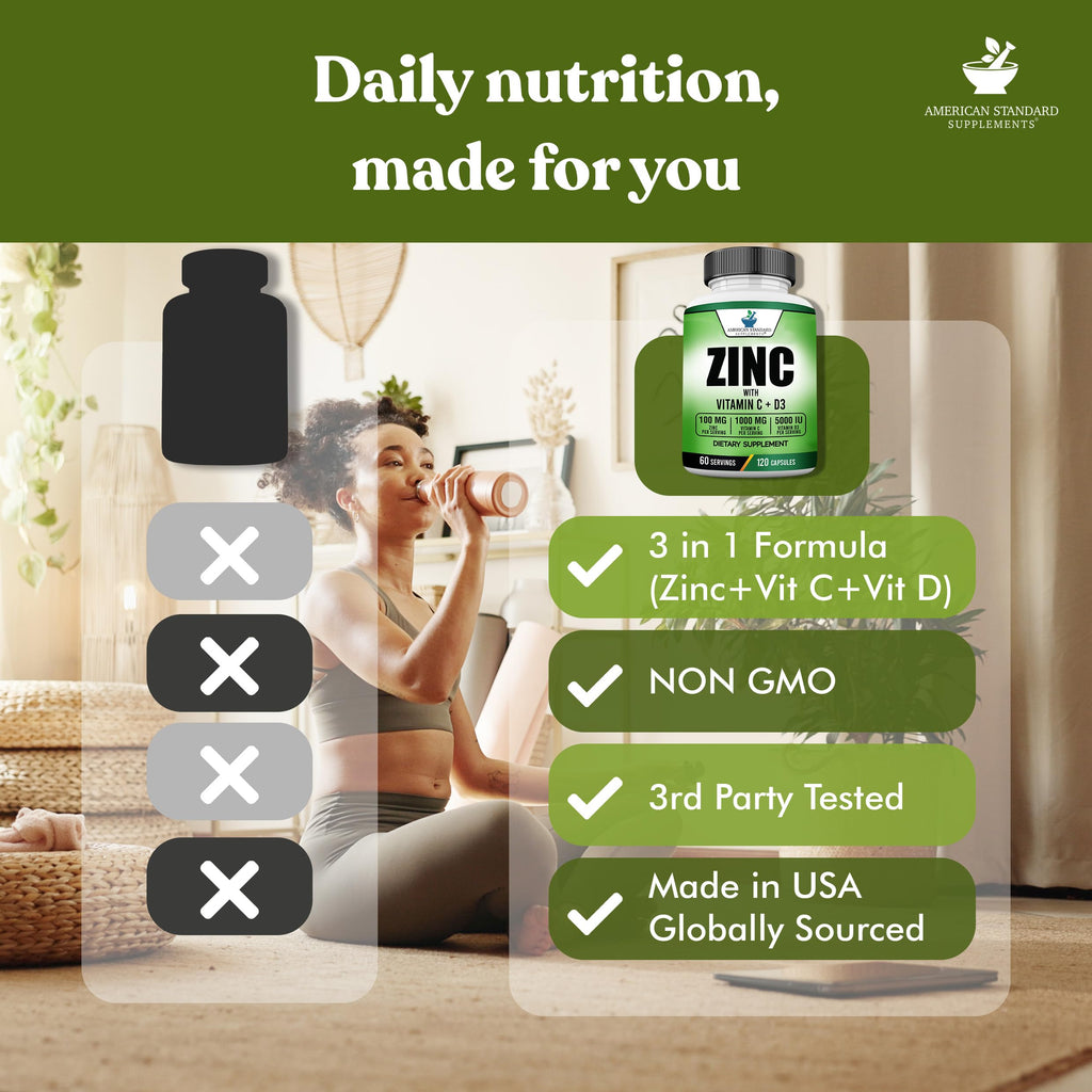 American Standard Supplements Zinc 100mg, Vitamin C 1000mg, and Vitamin D3 5000 IU (125mcg) Per Serving - Gluten Free, Non-GMO, 120 Capsules, 60 Servings