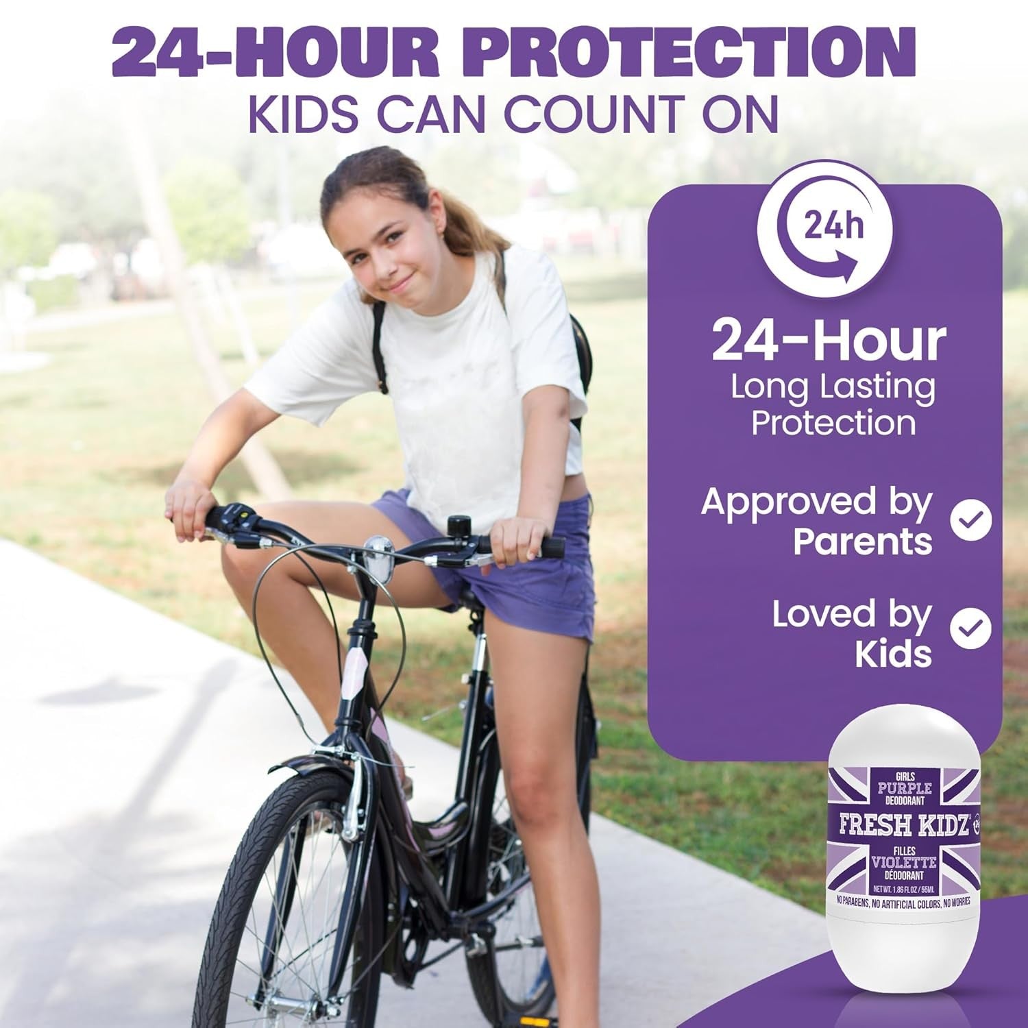 Buy now Fresh Kidz Roll On Deodorant for Kids and Teens - Baking Soda and Aluminum-free 24 Hour Protection for Sensitive Skin - Girls "Purple" 1.86 fl.oz. at indiglob india