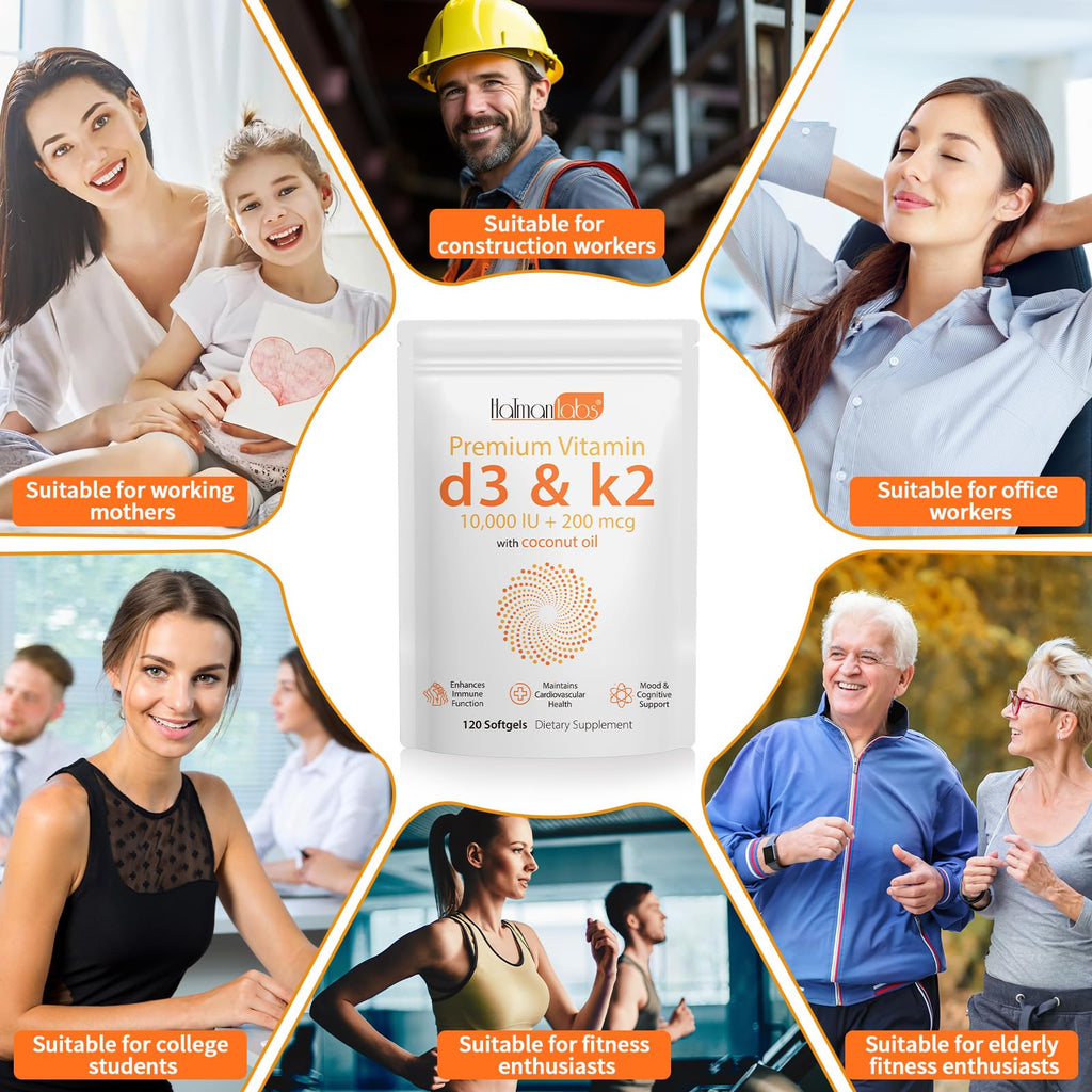 Vitamin D3 K2 Supplement Softgel, Vitamin D3 K2 Softgel with 10000 IU Supports Immune, Heart, Teeth & Bone Health, Free of GMO, Gluten, Soy, 120 Softgels