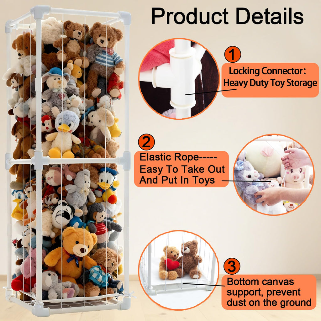 Stuffed Animal Storage Organizer, 58" Extra Large Zoo Cage for 80+ Plushies, Upgraded Quick-Lock Vertical Toy Holder for Kids Room & Playroom (White)