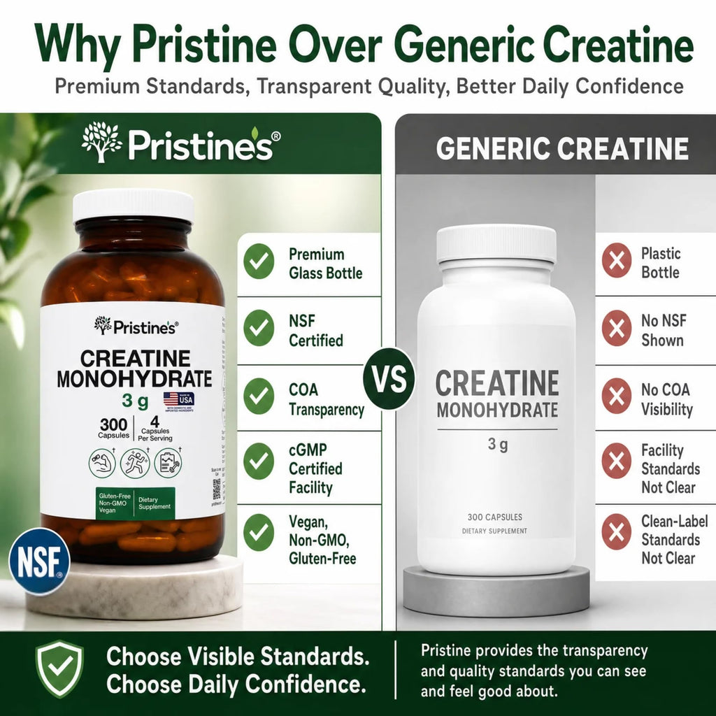 PRISTINE'S NSF Certified Creatine Monohydrate 3g Capsules, 75 Servings | Vegan, non-GMO and gluten-free. NSF Certified creatine capsules with 75 servings and no powder scoop, mixing, grit or flavor
