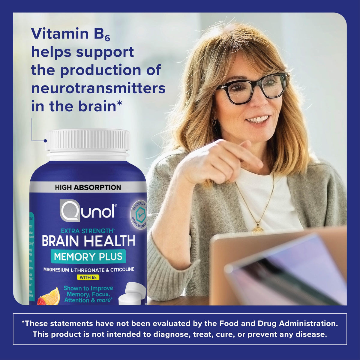 Qunol Brain Health Memory Plus Chewable w/Magtein, Cognizin & VIT B6, 60ct