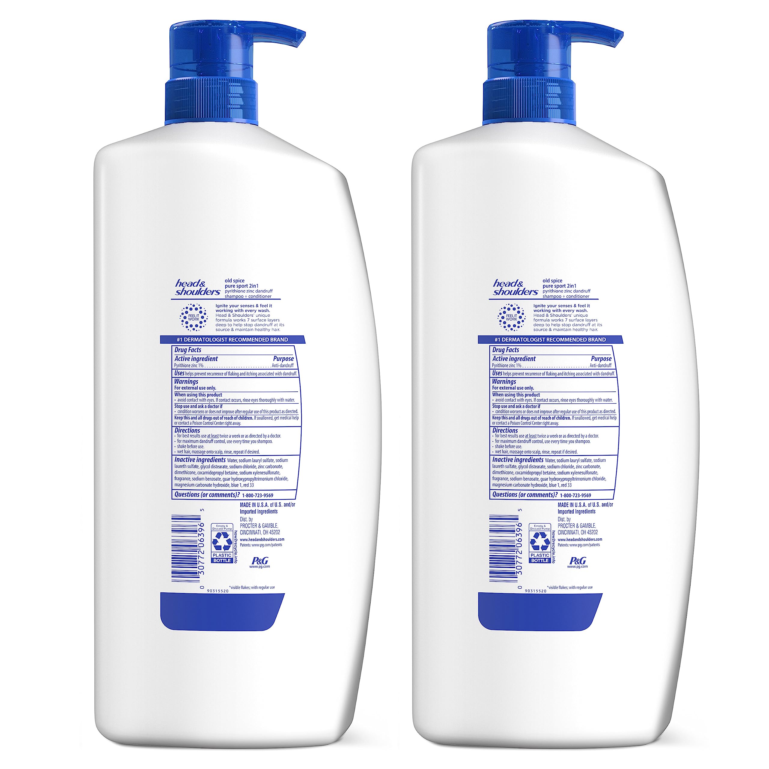 Head & Shoulders Old Spice Pure Sport 2-in-1 Anti-Dandruff Shampoo and Conditioner Twin Pack, 72-Hour Protection, 31.4 fl oz Each