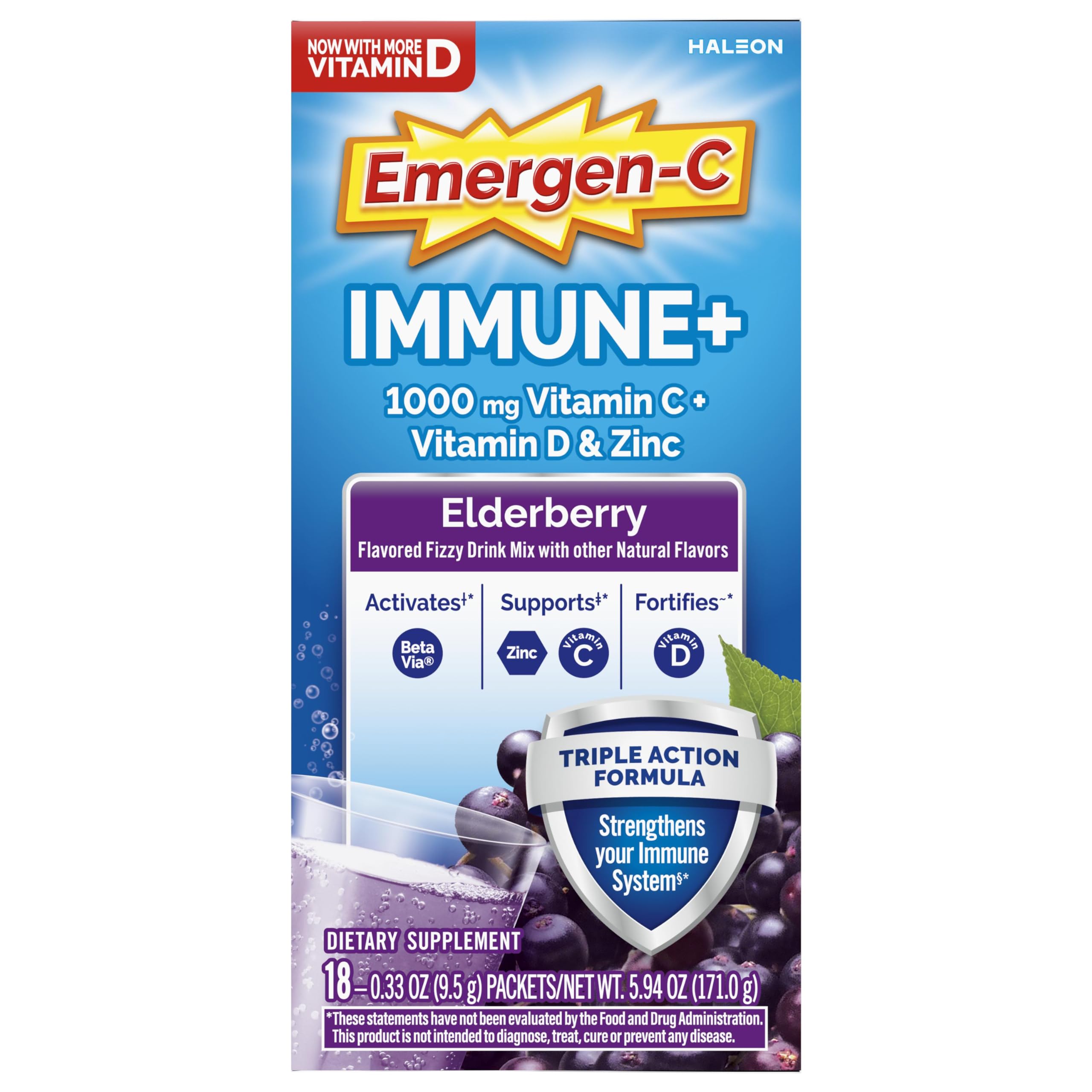 Emergen-C Immune+ Triple Action Immune Support Powder, Elderberry, 18 ct