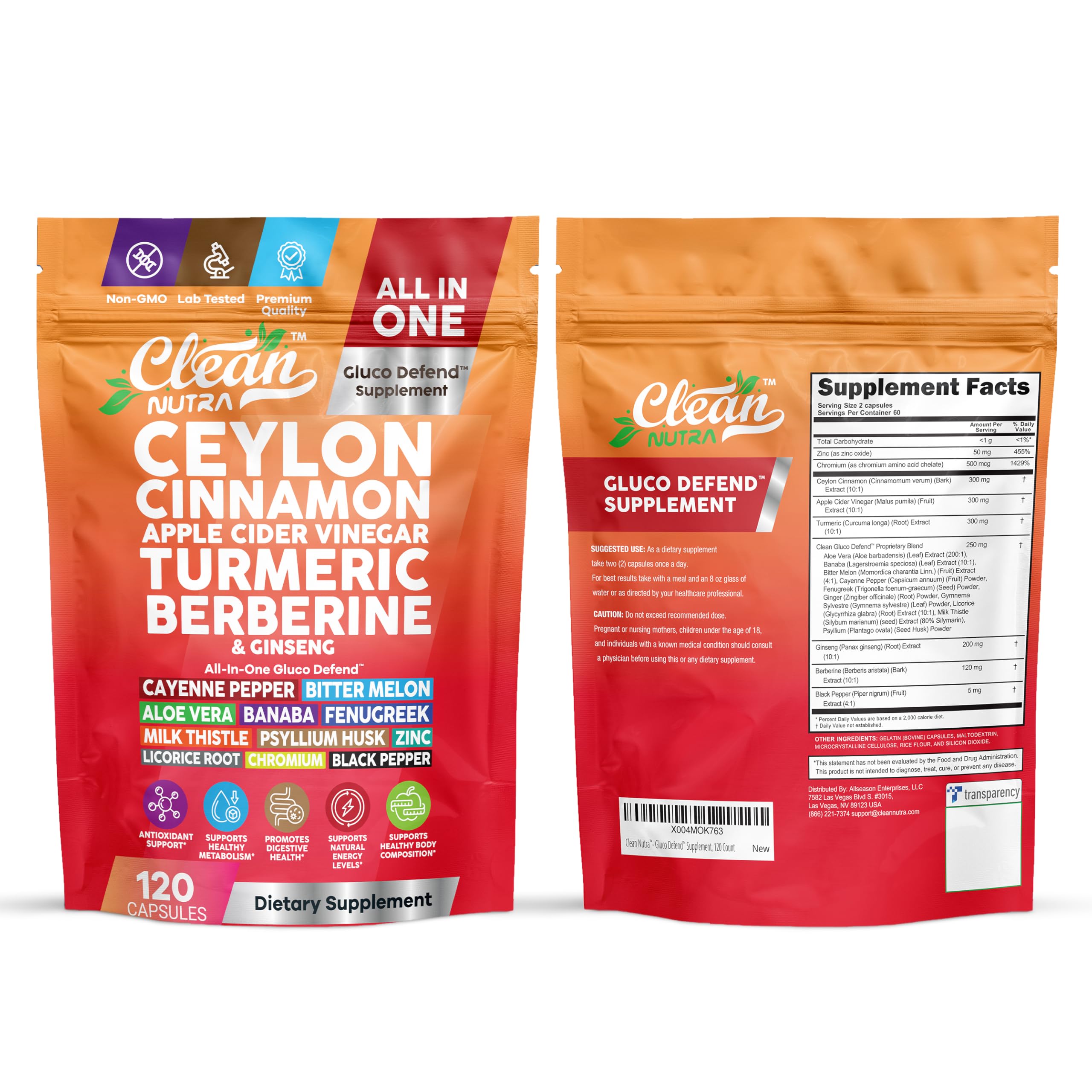 Ceylon Cinnamon Capsules + Apple Cider Vinegar Turmeric Berberine Supplement Ginseng Cayenne Pepper Bitter Melon Aloe Vera Fenugreek Milk Thistle Chromium 120 Pills Gluco Defend by Clean Nutra