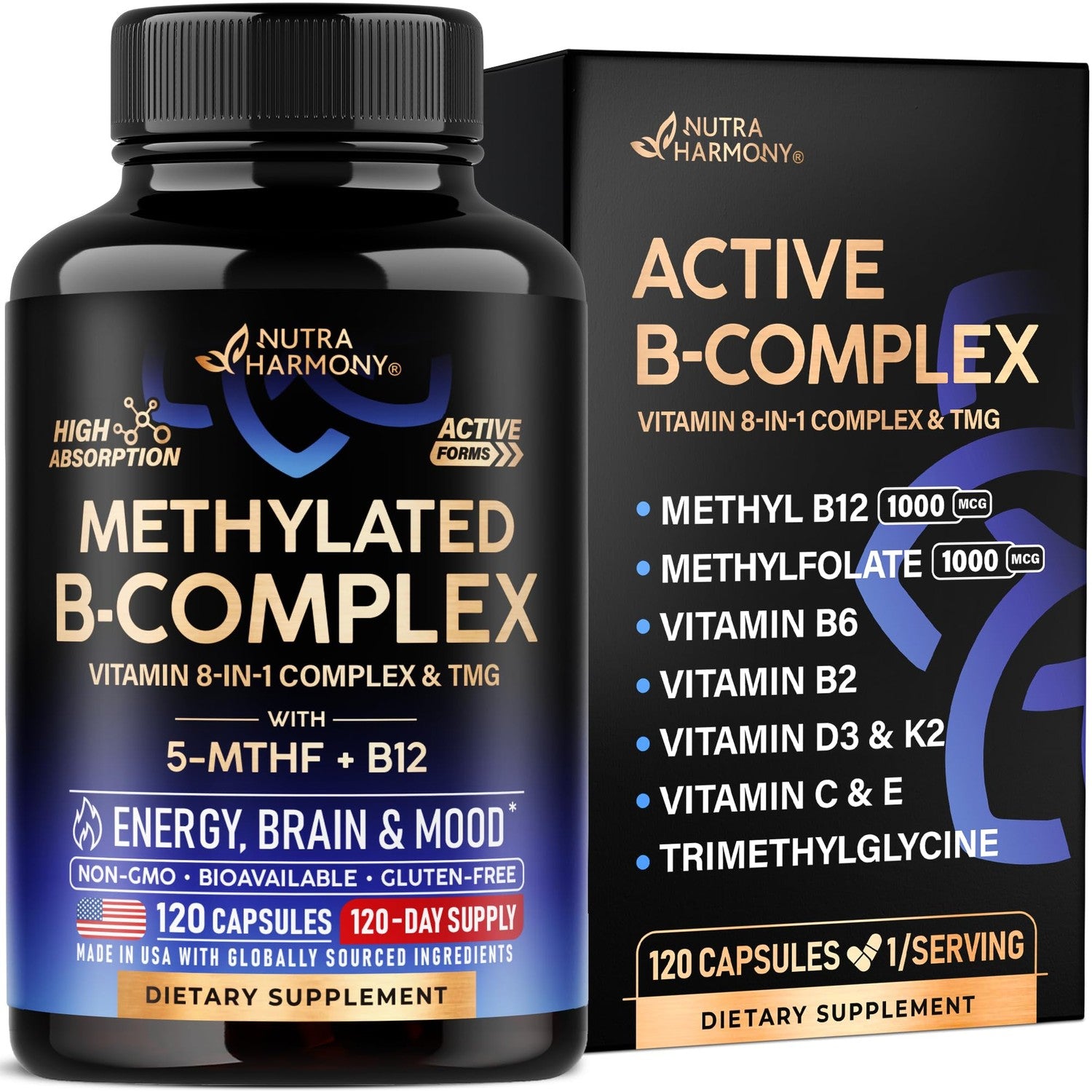 Vitamin B Complex Methylated - B-Complex with Methylfolate & B12 -120 Caps | 9-in-1 Methylated Multivitamin for Men & Women - Energy, Brain & Mood - Vegan, Lab Tested, Bioavailable