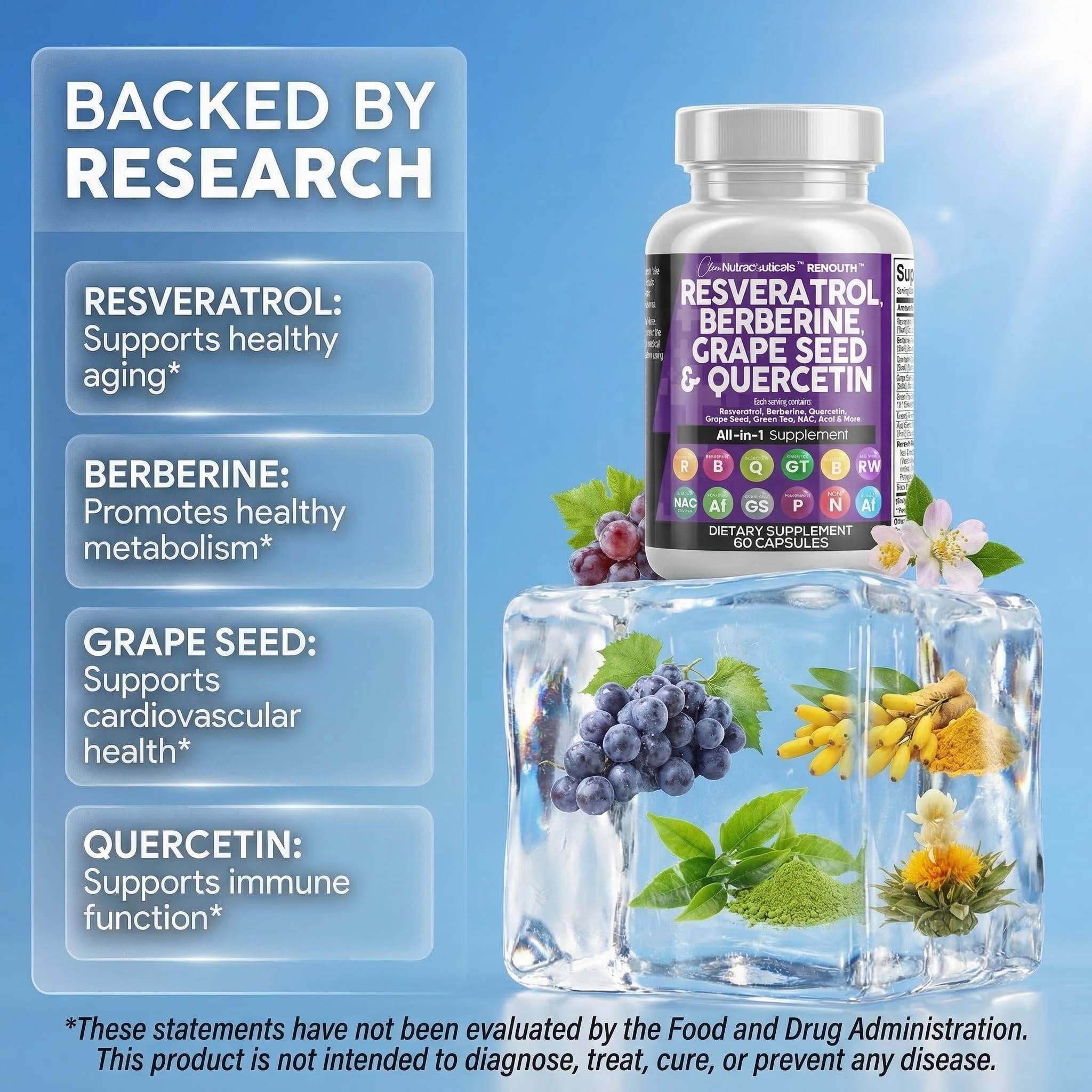 Clean Resveratrol Supplement | Berberine Grape Seed Extract Quercetin Green Tea Extract Acai Noni Polyphenol Supplement for Women & Men N-Acetyl Cysteine