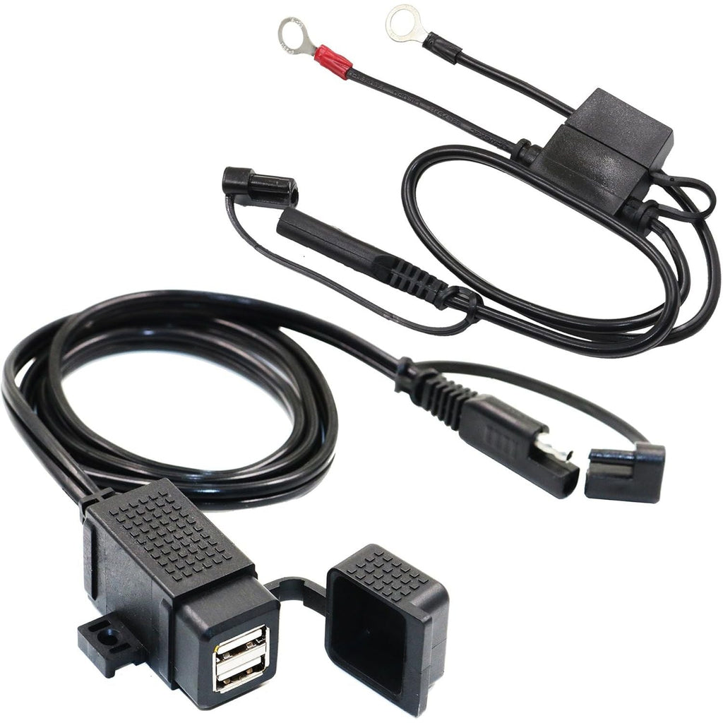 Buy now MOTOPOWER MP0609EA 3.1Amp Waterproof Motorcycle Dual USB Kit SAE to USB Adapter Cable with SAE Ring Terminal Cable Harness b)-SAE to Dual USB Adapter & Ring Terminal Harness at indiglob india