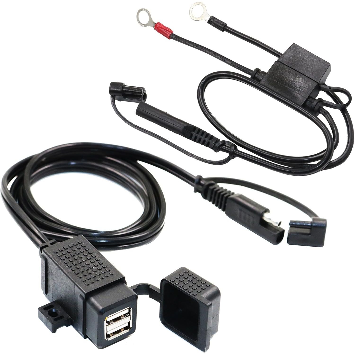 Buy now MOTOPOWER MP0609EA 3.1Amp Waterproof Motorcycle Dual USB Kit SAE to USB Adapter Cable with SAE Ring Terminal Cable Harness b)-SAE to Dual USB Adapter & Ring Terminal Harness at indiglob india