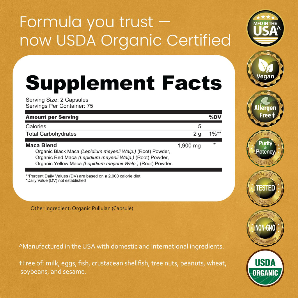 NaturaLife Labs Organic Maca Root – Black, Red & Yellow – 1900 mg per Serving – 150 Capsules – Gelatinized Peruvian Maca – Non-GMO, Gluten-Free, Vegan (2 Pack)
