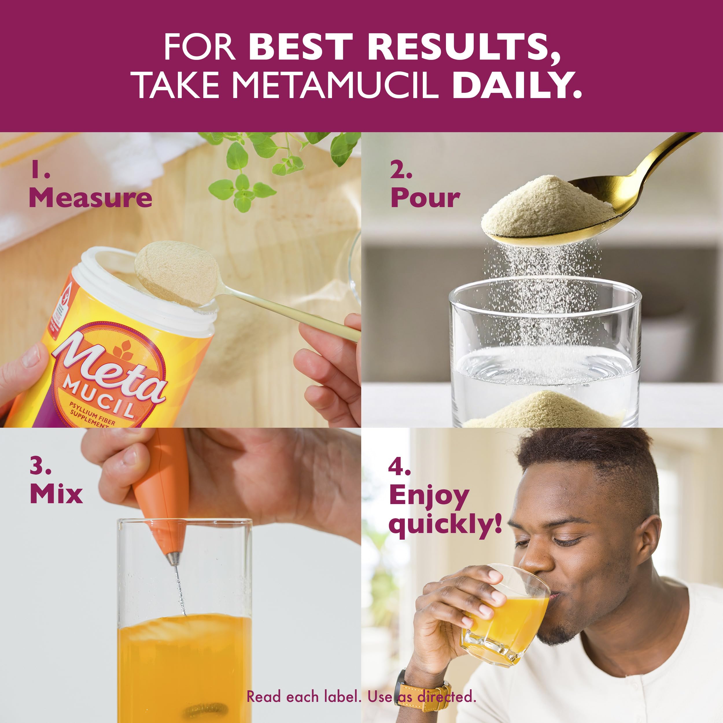 Metamucil 4-in-1 Psyllium Husk GLP-1 Friendly Fiber Supplement, Sugar-Free, 114 teaspoons, Orange Flavored, Daily Fiber Powder for Digestive Health, made with Plant-Based Psyllium Husk Fiber