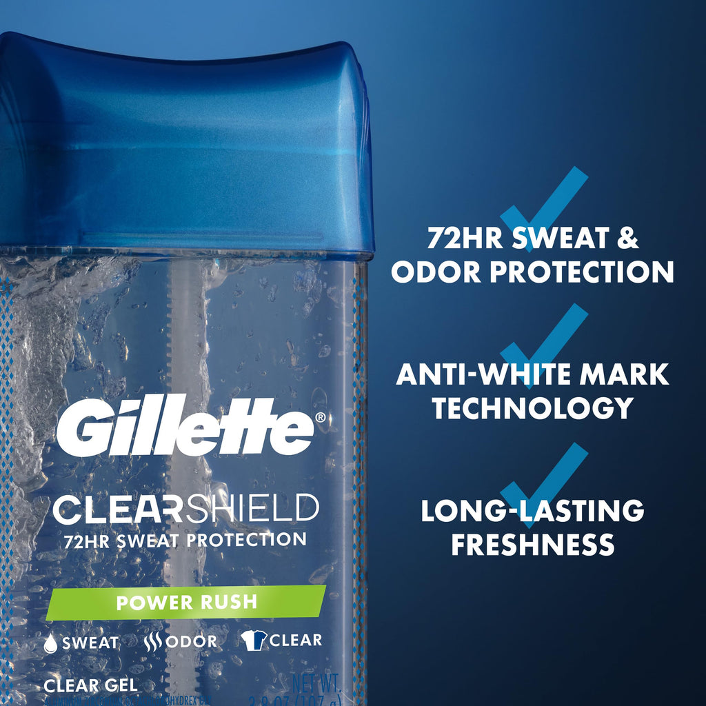 Buy now Gillette Antiperspirant and Deodorant for Men, 72hr Sweat & Odor Protection, Long Lasting Freshness, Anti-White Mark Technology, Clear Gel, Power Rush Scent, 3.8 oz (Pack of 3) at indiglob india