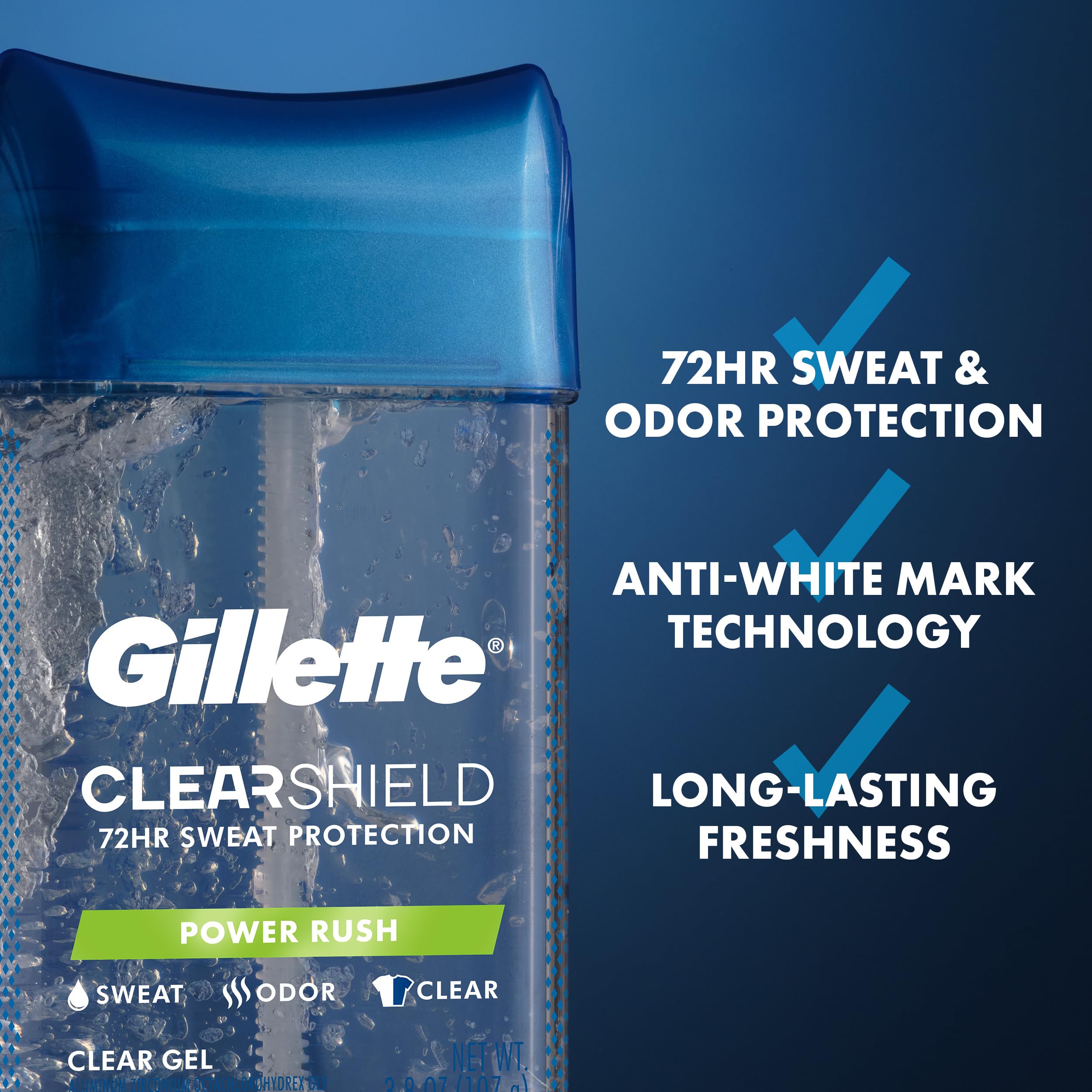 Buy now Gillette Antiperspirant and Deodorant for Men, 72hr Sweat & Odor Protection, Long Lasting Freshness, Anti-White Mark Technology, Clear Gel, Power Rush Scent, 3.8 oz (Pack of 3) at indiglob india