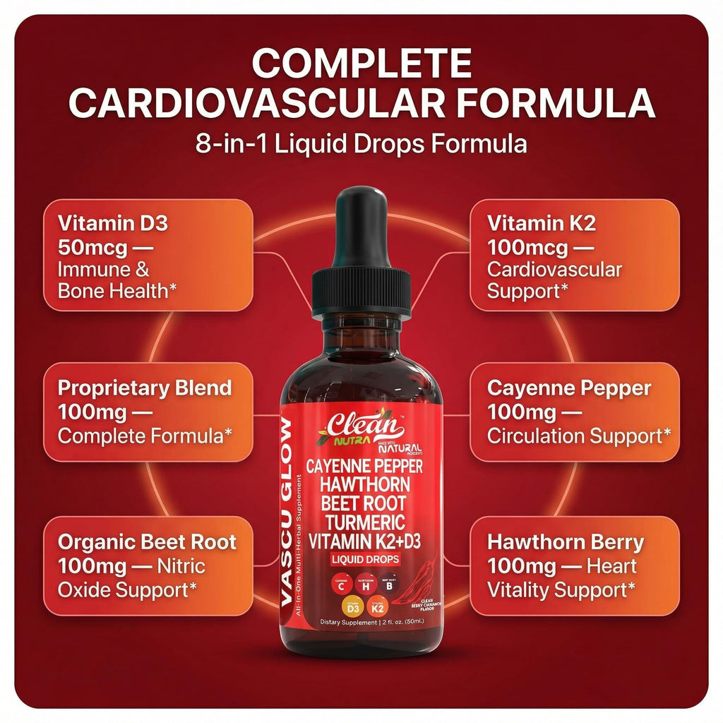Clean Nutra Cayenne Pepper Drops Supplement Liquid + Hawthorn Berry, Vitamin D3 K2 Beet Root Powder, Ceylon Cinnamon, Turmeric Curcumin, Organic Panax Ginseng, Berberine Extract 1 Pack