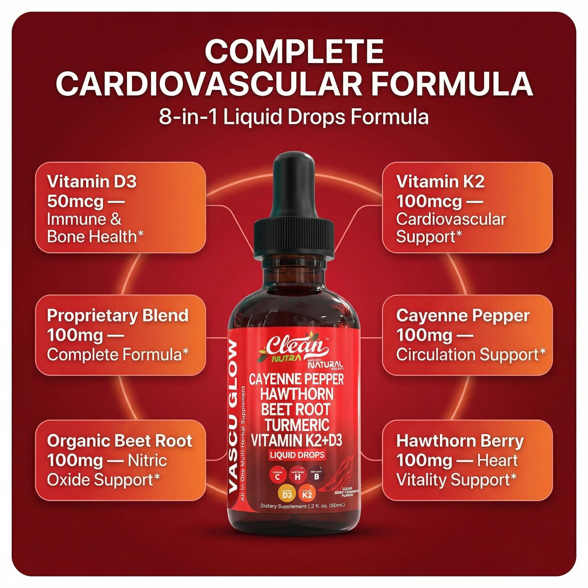 Clean Nutra Cayenne Pepper Drops Supplement Liquid + Hawthorn Berry, Vitamin D3 K2 Beet Root Powder, Ceylon Cinnamon, Turmeric Curcumin, Organic Panax Ginseng, Berberine Extract 1 Pack