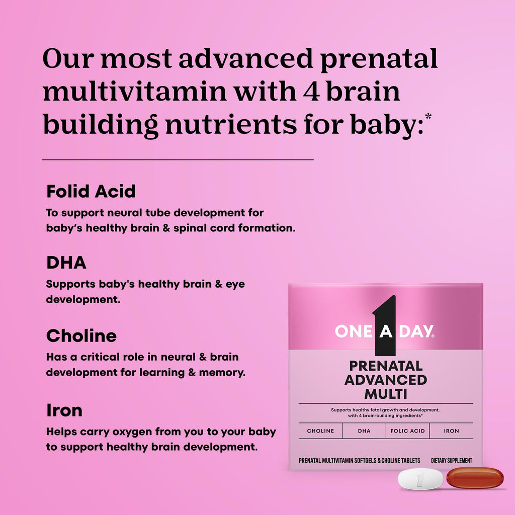 One A Day Prenatal Advanced- Prenatal Vitamins with Folic Acid, Choline, DHA & Iron, Pregnancy Vitamins for Women to Support Baby’s Development, 60+60 Ct (120 Total Set) (Packaging May Vary)