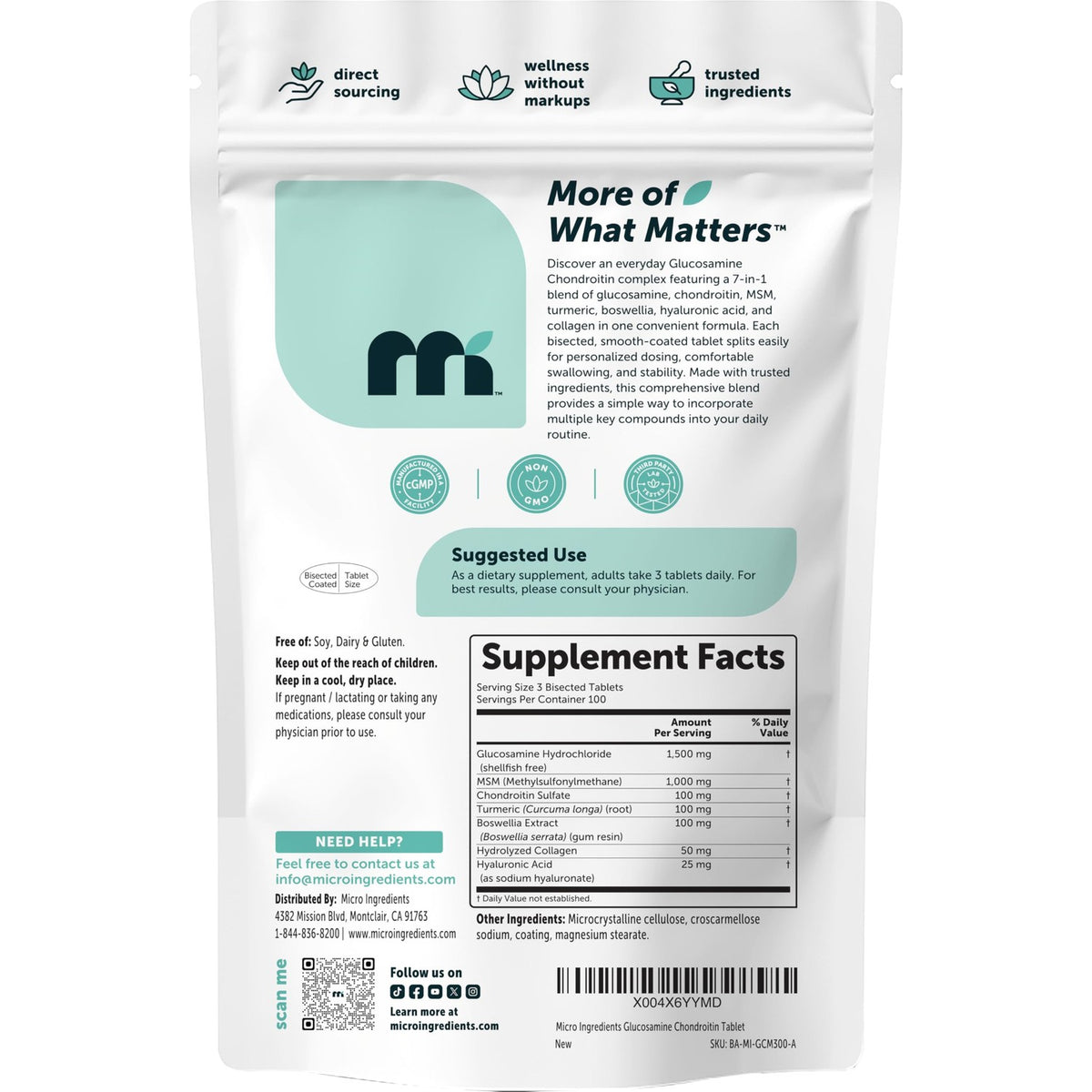 Micro Ingredients Glucosamine Chondroitin MSM and Turmeric Supplement, 300 Bisected Tablets | Joint Supplements for Men & Women* | 7-in-1 with Boswellia, Hyaluronic Acid, & Collagen Complex