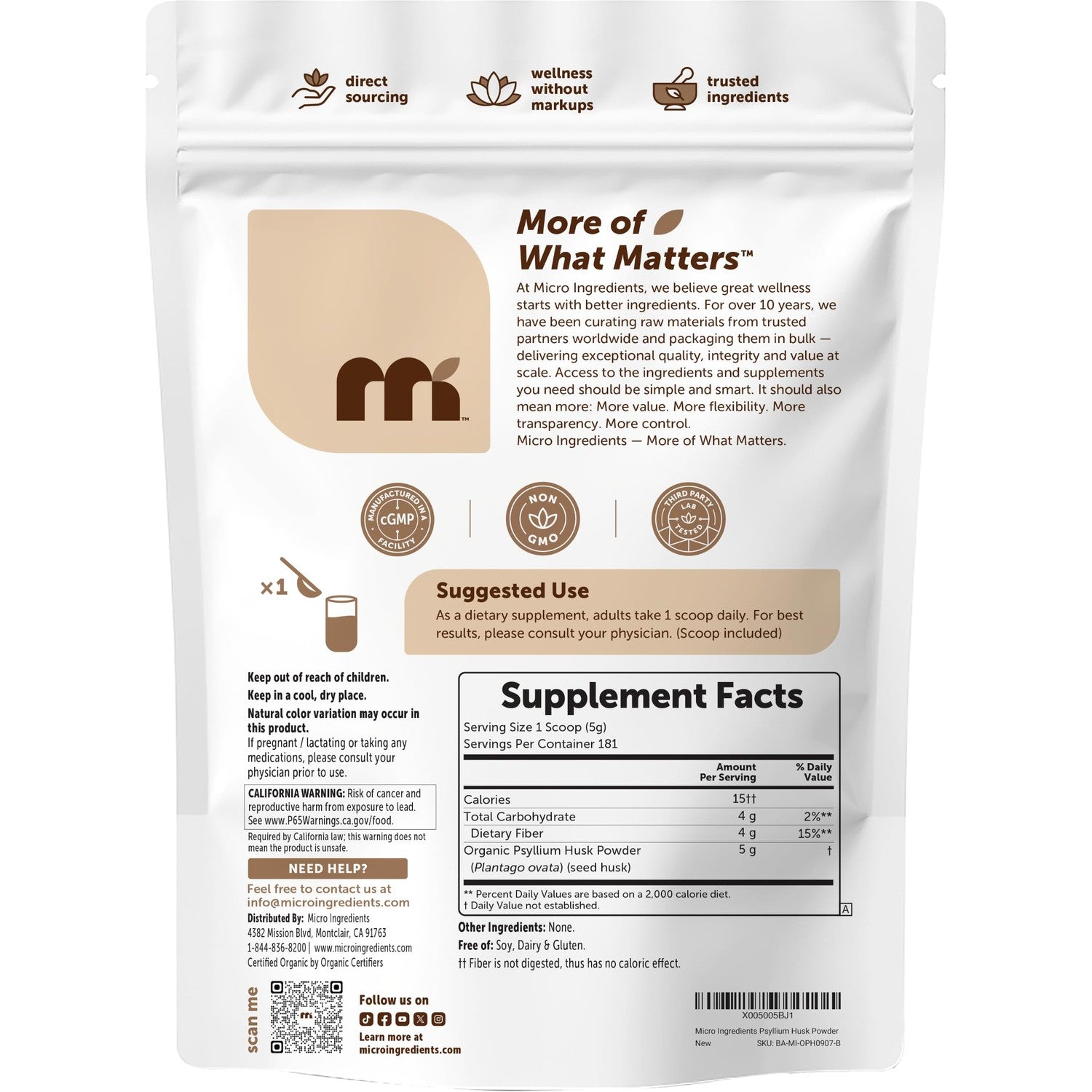 Micro Ingredients Organic Psyllium Husk Powder, 2lbs (32oz) | Daily Soluble Fiber Supplement | India Origin | Non-GMO, Keto Friendly, Vegan
