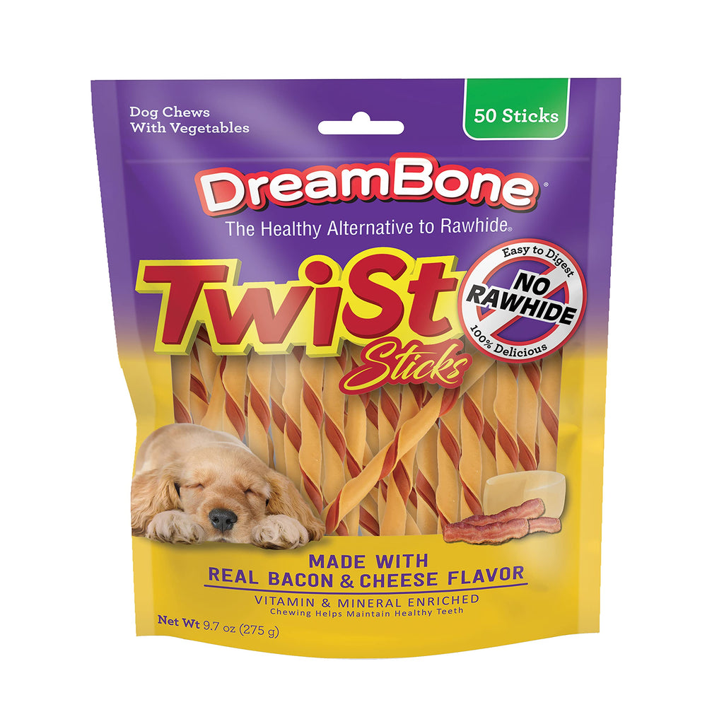 Dreambone Twist Sticks with Real Bacon and Cheese Flavor 50 Count, Rawhide-Free Chews for Dogs (3 Pack)