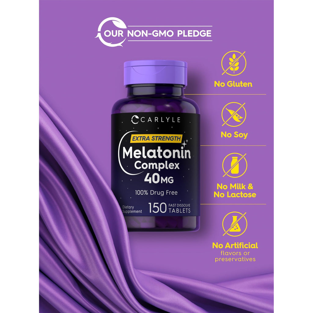 Carlyle Melatonin 40mg Complex | 150 Fast Dissolve Tablets | Extra Strength Support | with Ashwagandha and Chamomile | Vegetarian, Non-GMO, Gluten Free Supplement