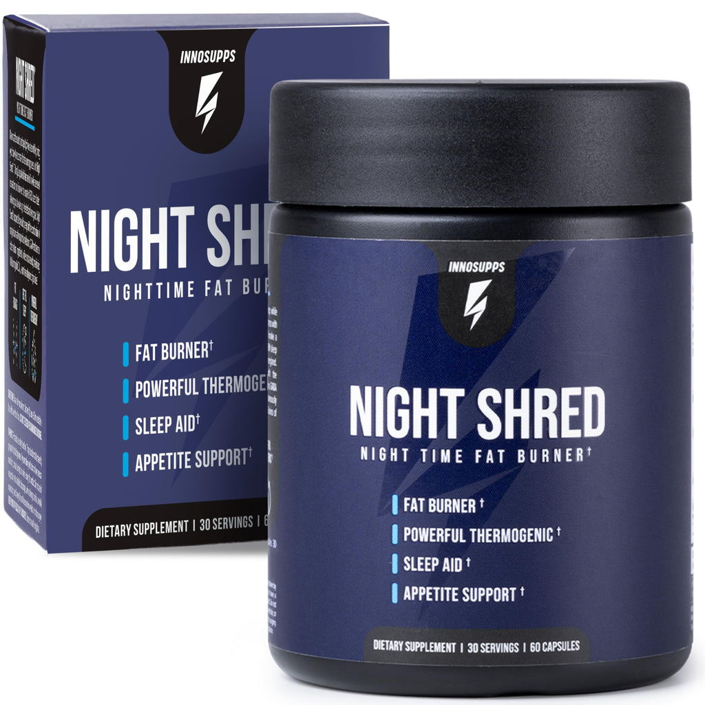 Night Shred Night Time Fat Burner & Natural Sleep Support, 30 Servings | Ashwagandha, 5-HTP, CLA & Melatonin; Appetite suppressant; Supports sleep & fat burning; 60 vegetarian capsules