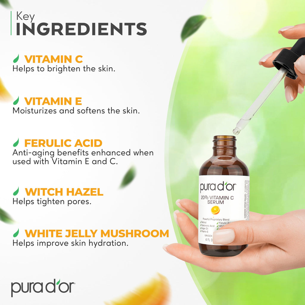 Buy now PURA D'OR 20% Vitamin C Facial Serum 4 Oz - Antioxidant Blend with Retinol, Hyaluronic Acid, Vitamin E & Ferulic Acid - Hydrating Lightweight Skincare Formula - Men and Women Daily Use Skin Care Plus at indiglob india
