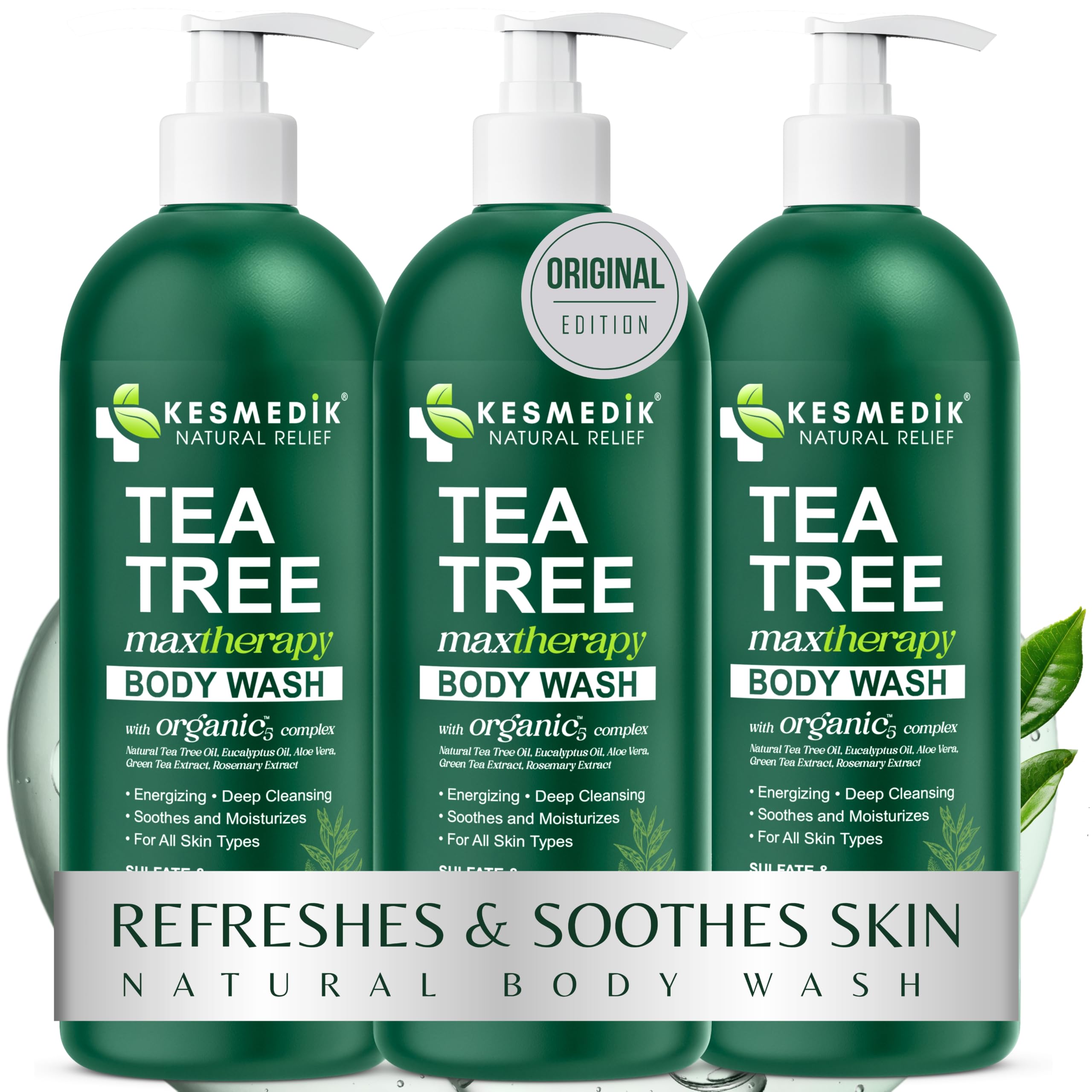 KESMEDIK Tea Tree Body Wash with 100% Tea Tree Oil for Skin, 2-Pack | MaxTherapy Body Soap with Tea Tree, Aloe & Eucalyptus, Cleans, Soothes & Refreshes Sensitive, Itchy Skin for Men & Women