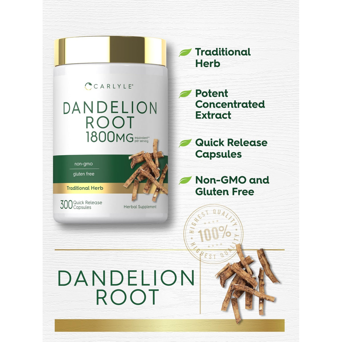 Carlyle Dandelion Root Extract | 300 Capsules | Herb Supplement