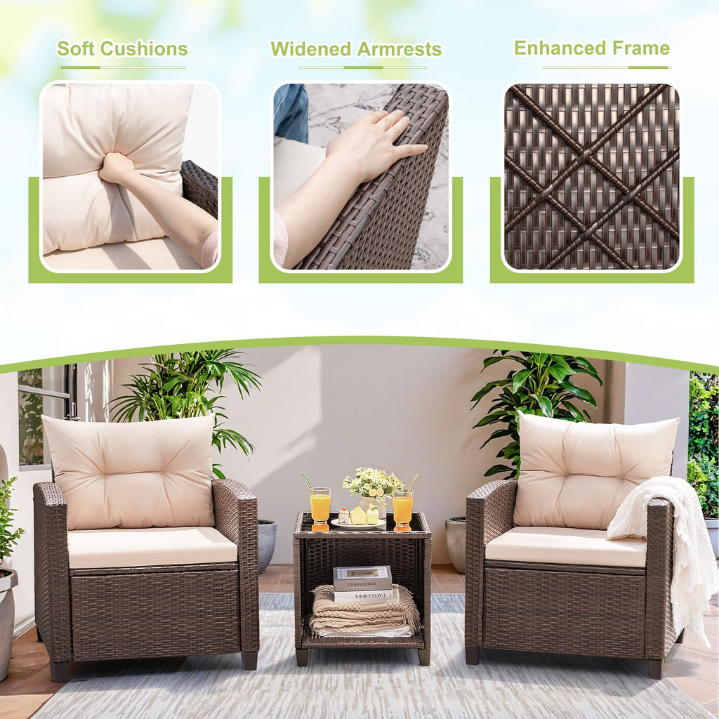 Devoko 3 Pieces Patio Furniture Set Outdoor Wicker Chairs and Table, Beige