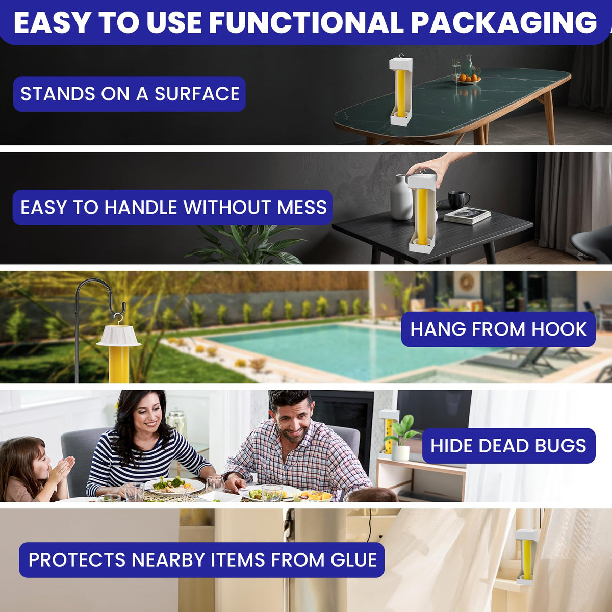 Fly Stick Sticky Fly Traps for Indoors Outdoor 4pk with 12 Ribbons. Non-Toxic Super Sticky Hanging Flies Catcher Paper Tape Strips for Home. Catches all bugs and gnats. Indoor House Flying Insect Trap
