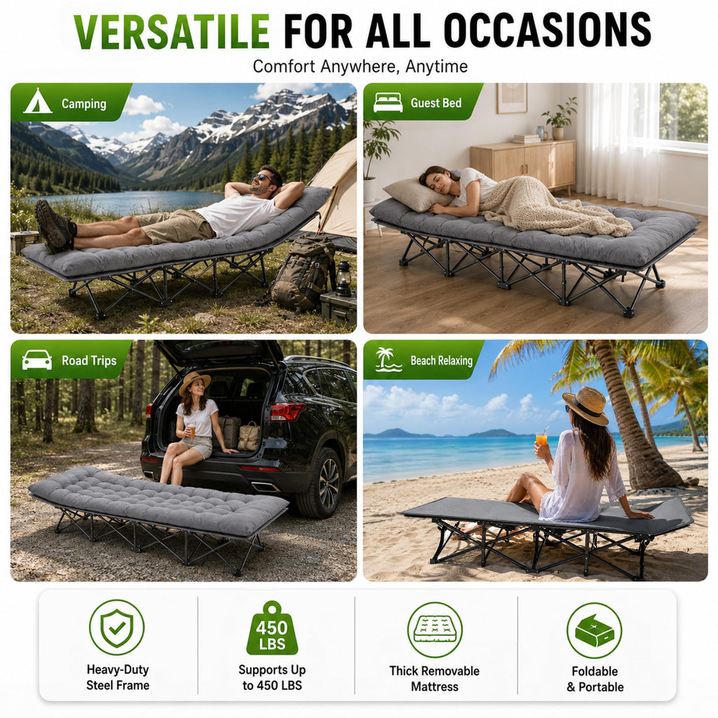 Aoran Camping Cot for Adults 28" Extra Wide,Portable Cot Bed with Mattress,Heavy Duty Camp Sleeping Bed for Camping,Travel,Home and Office Nap,Max Load 450 LBS