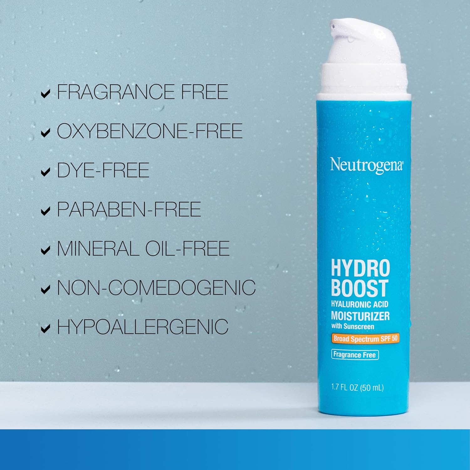 Buy now Neutrogena Hydro Boost Hyaluronic Acid Face Moisturizer with Broad Spectrum SPF 50 Sunscreen, Non-Greasy, Fragrance Free Daytime Facial Moisturizer to Hydrate & Soothe Dry Skin, 1.7 fl. oz at indiglob india