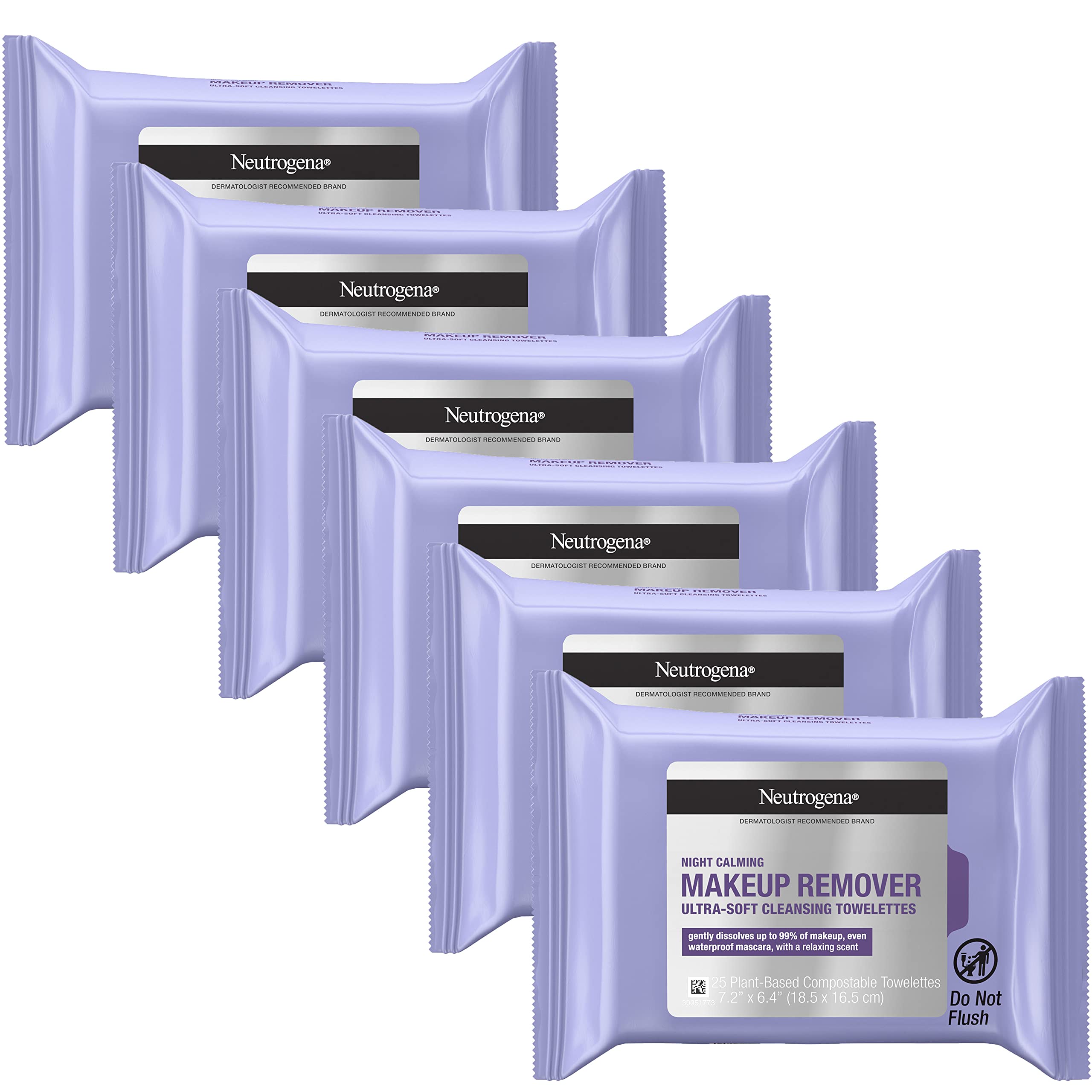Neutrogena Night Calming Makeup Remover Face Wipes, 2 x 50 ct | Nighttime Cleansing Towelettes, Remove Sweat Dirt & Makeup, Hypoallergenic, 100% Plant Based Cloth