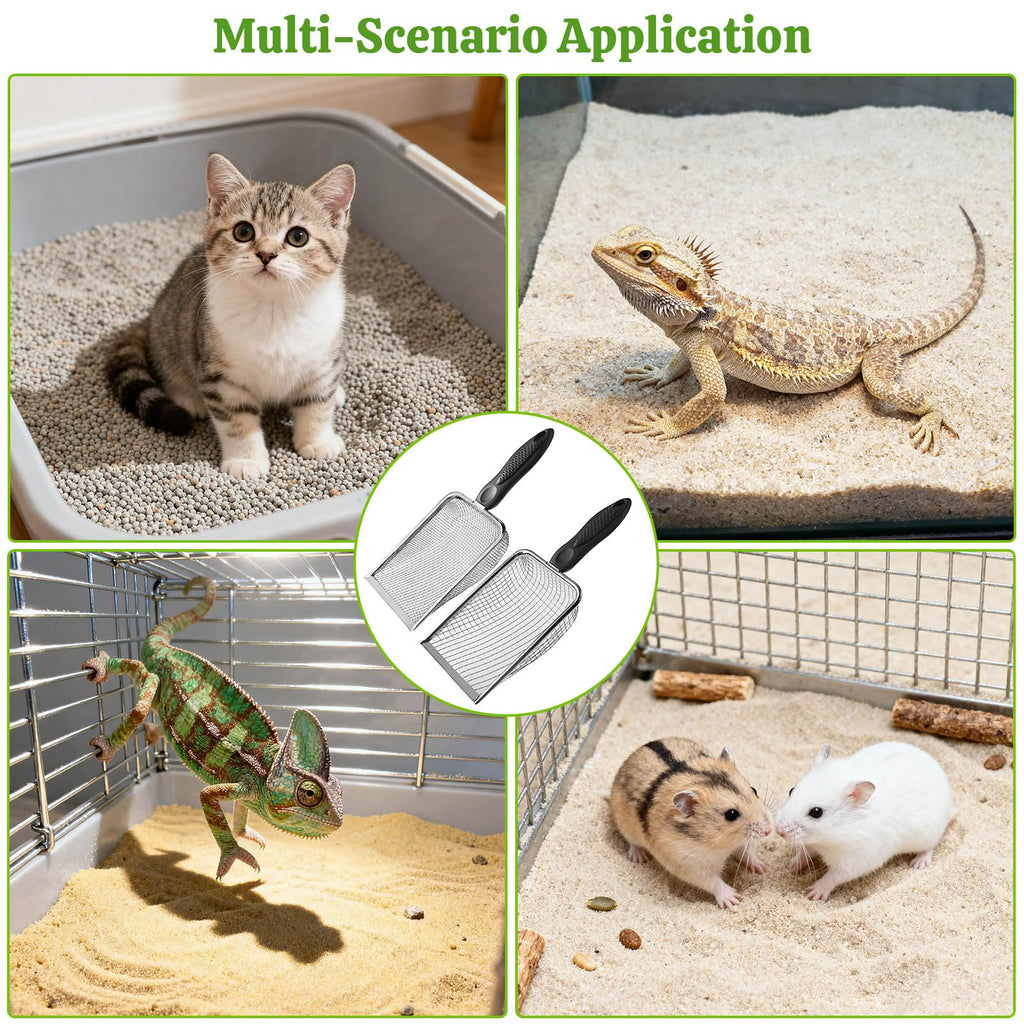 2Pcs Cat Litter Scoop Metal Stainless Steel Mesh Kitty Litter Scoop with Hook, Cat Scooper for Litter Box, Filter Small Pieces Quickly, Easy to Clean and Durable (3mm/5mm Mesh)