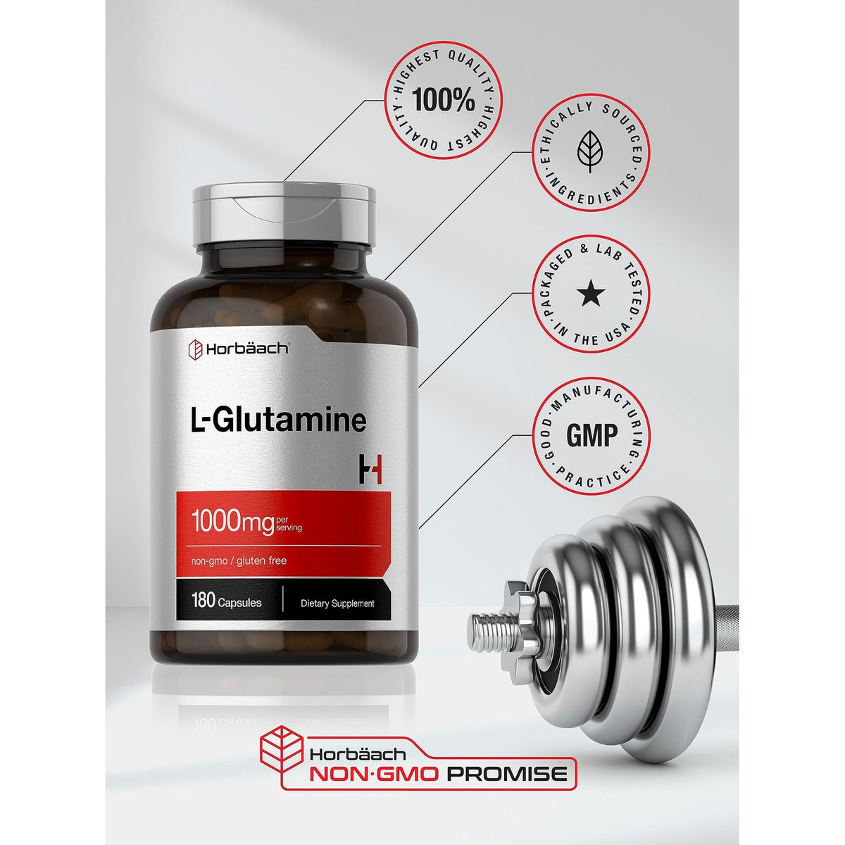 Horbaach L Glutamine Capsules 1000mg | 180 Powder Pills