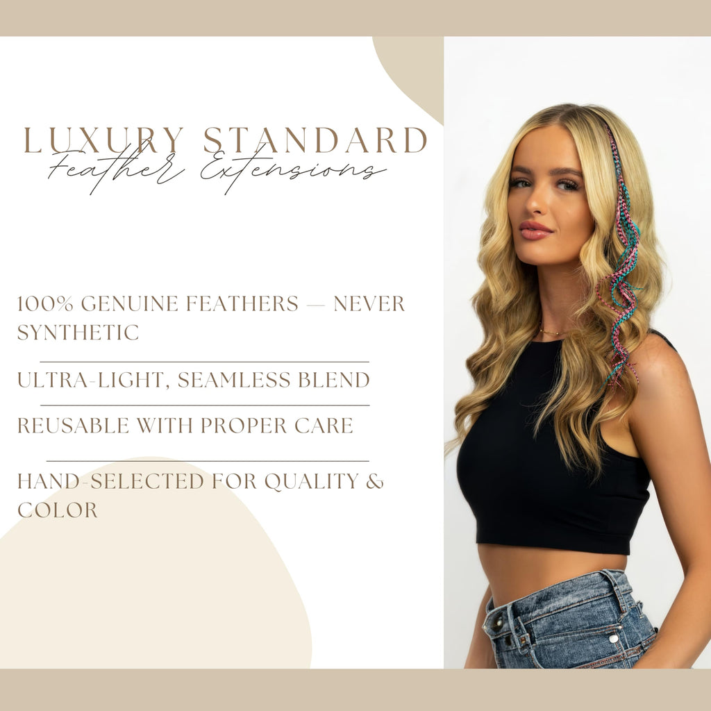 Premium imported 100% genuine feather hair extensions, ultra-light, seamless blend for added style and color.