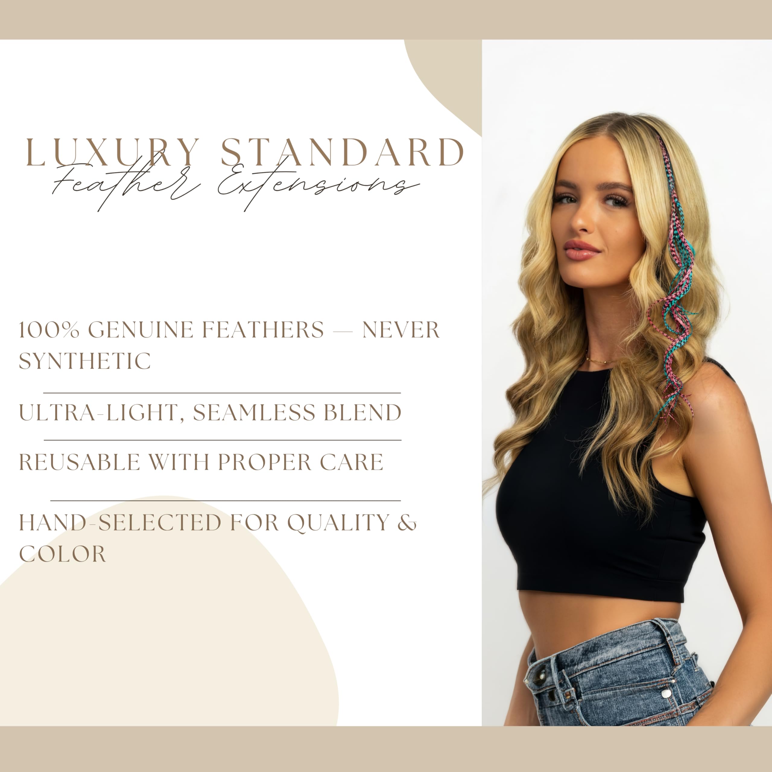 Premium imported 100% genuine feather hair extensions, ultra-light, seamless blend for added style and color.