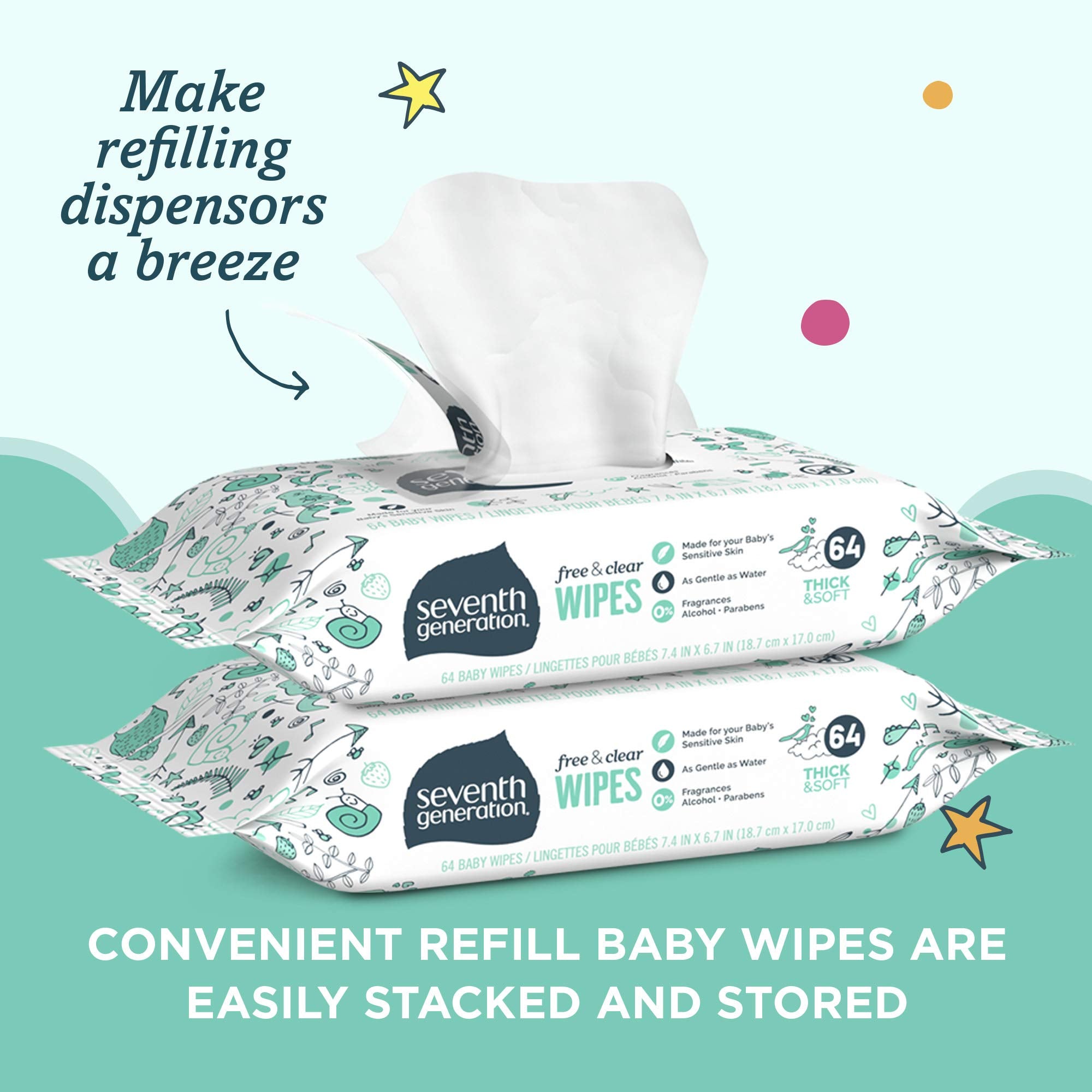 Buy now Seventh Generation Free & Clear Baby Wipes Refill Unscented and Sensitive Gentle as Water 64 count Pack of 12 (768 Total) at indiglob india