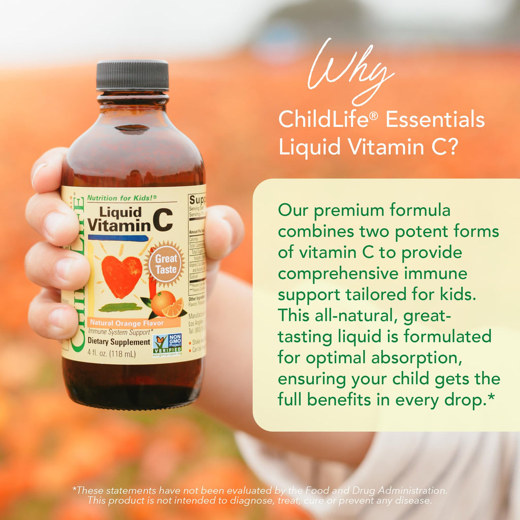 CHILDLIFE ESSENTIALS Liquid Vitamin C Low Sugar Kids, 4 Fl Oz (Pack of 2) | Pure Vitamin C Liquid Supplement, Toddlers, Babies, Immune System Support, Natural Orange Flavor, Kids, Low Sugar