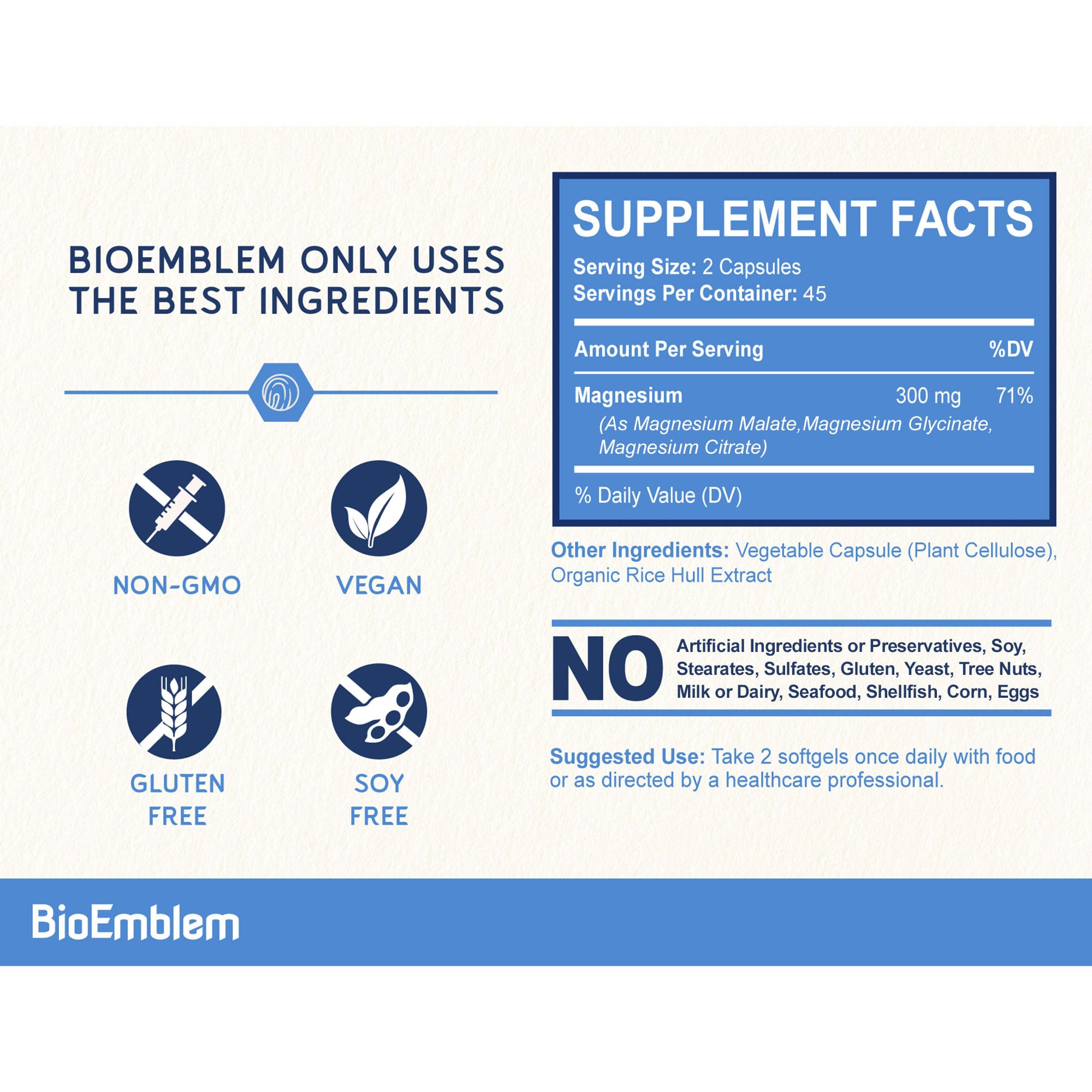 BioEmblem Magnesium Glycinate Complex, 300mg Per Serving, 90 Capsules | Triple Magnesium Citrate & Malate - NSF & Labdoor Certified - Muscle & Nerve Function - Vegan, Non-GMO Chelated Formula