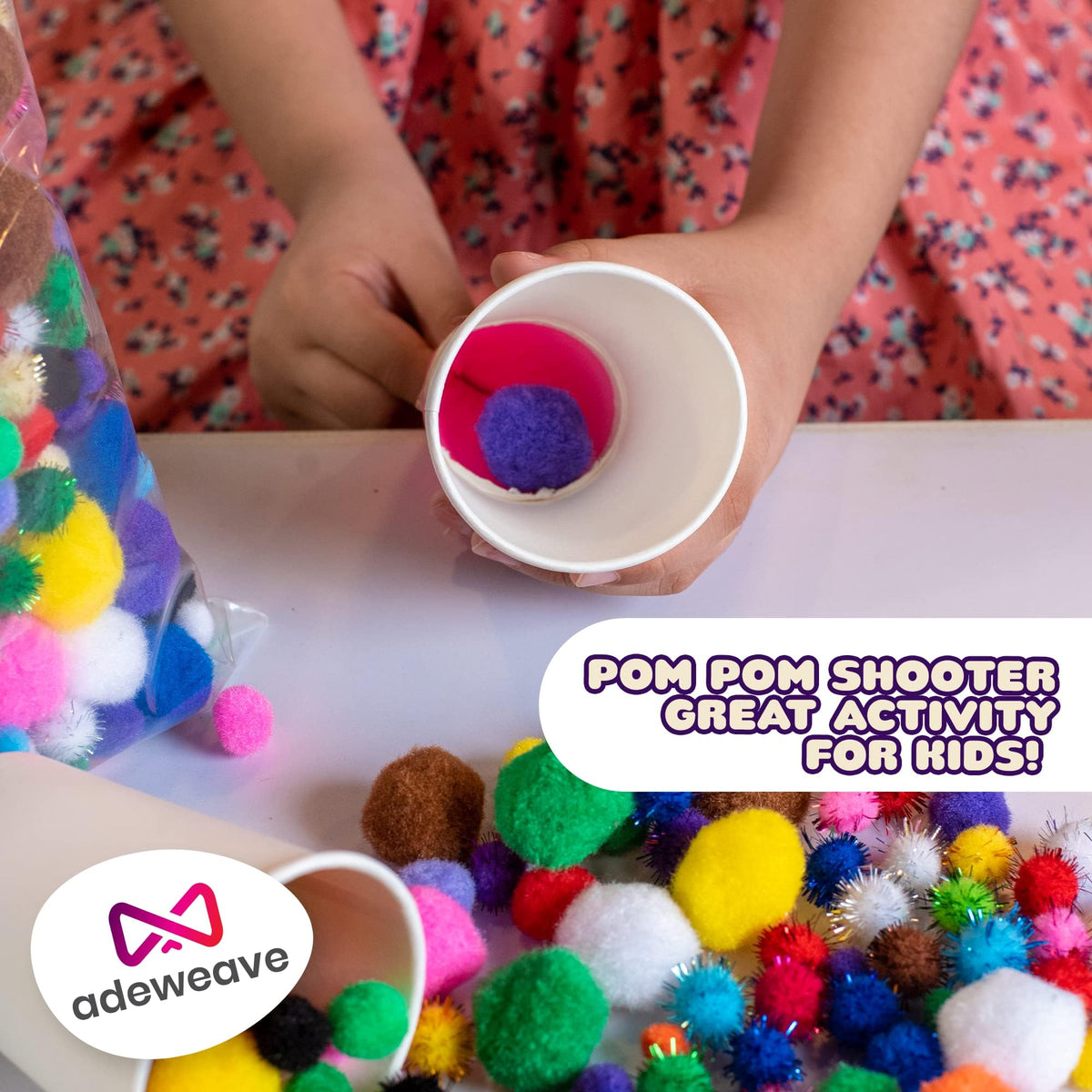 Adeweave 1000 Assorted Pom poms – Soft and Fluffy Craft Pom Pom Balls – Multicolor Craft Supplies Pompoms for Arts and Crafts in a Reusable Box, Large Puff Ball Ideal for DIY and School Activities
